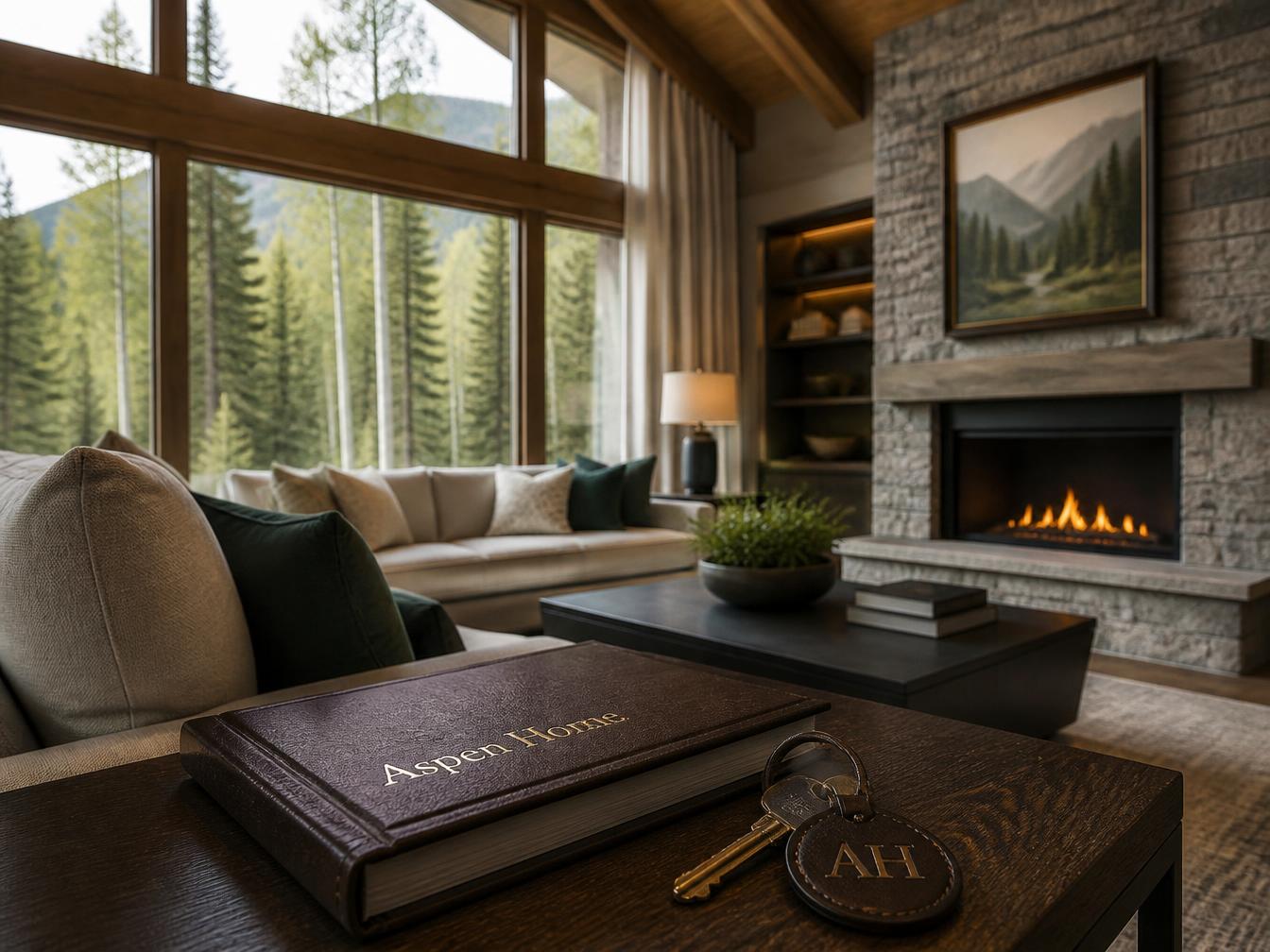 A leather-bound Aspen Home portfolio and brass house key with an AH fob rest on a walnut side table in a warm mountain living room.