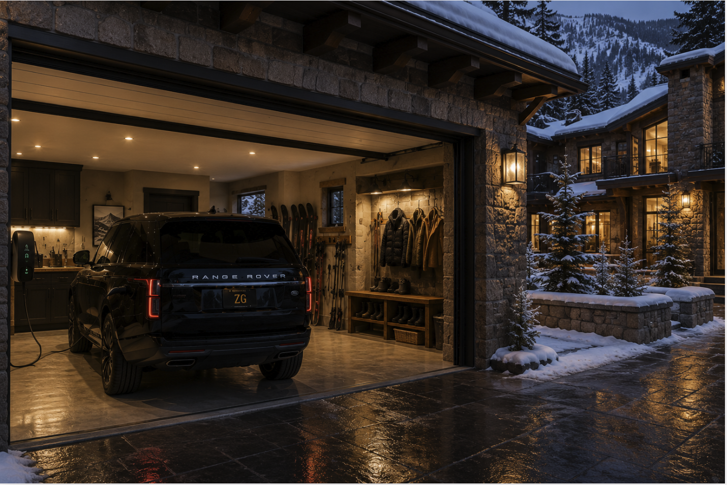 Heated garage open to a snowy mountain evening with a black SUV on charge