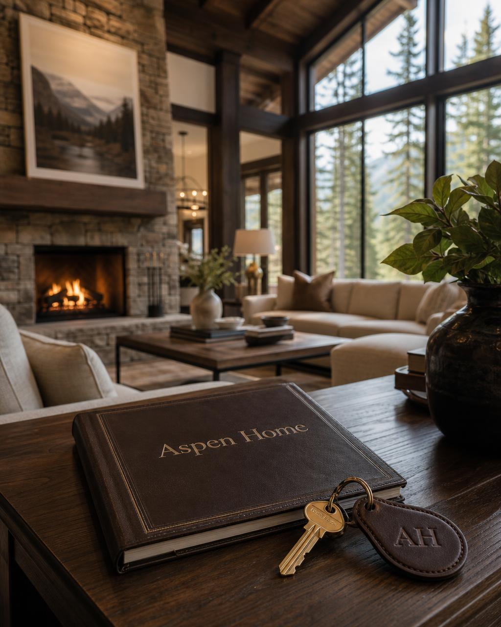 A leather-bound Aspen Home book and a house key with an AH fob on a dark wooden side table in a mountain living room