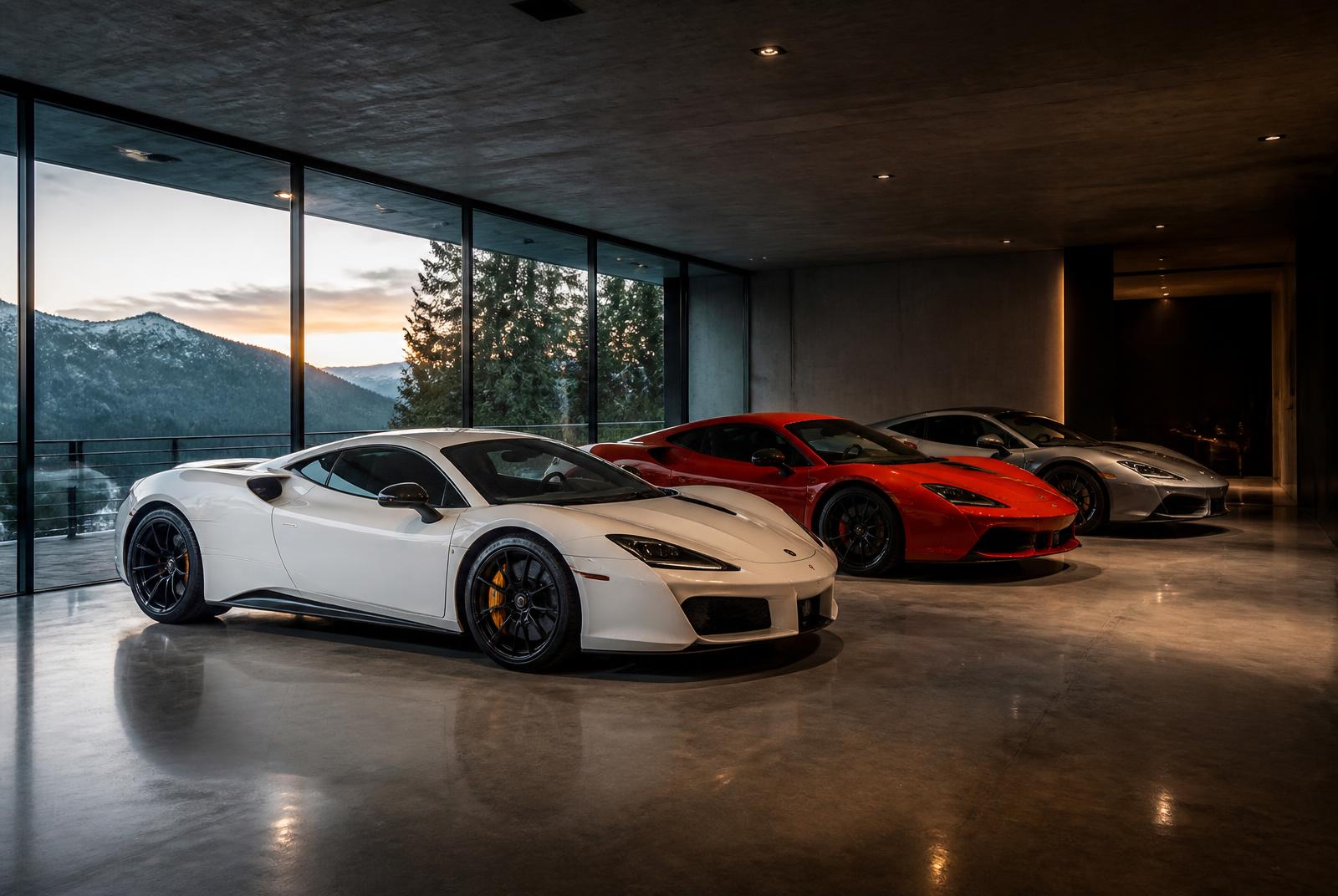 A lineup of modern exotic supercars in a private mountain garage at dusk