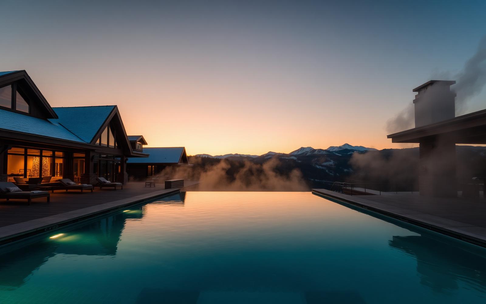 An infinity pool overlooking snow-capped peaks at twilight